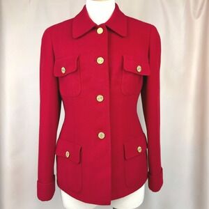 Vintage WILLIAM YU Womens (M) Red Wool Blazer Gold Buttons 90s Mobwife Office
